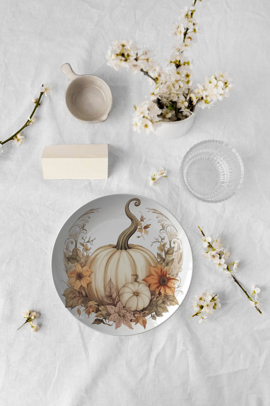 Thermosaf Polymer Plastic White Boho Pumpkin Plates Cottagecore Kitchen Decor