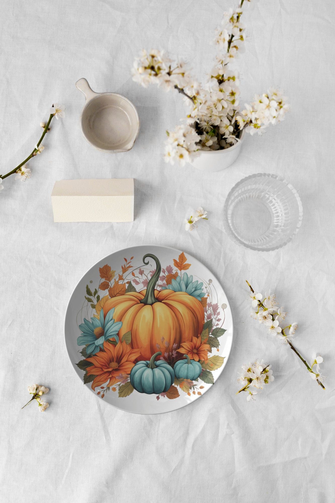 Thermosaf Polymer Plastic Orange and Blue Pumpkin Plates Floral Dinnerware