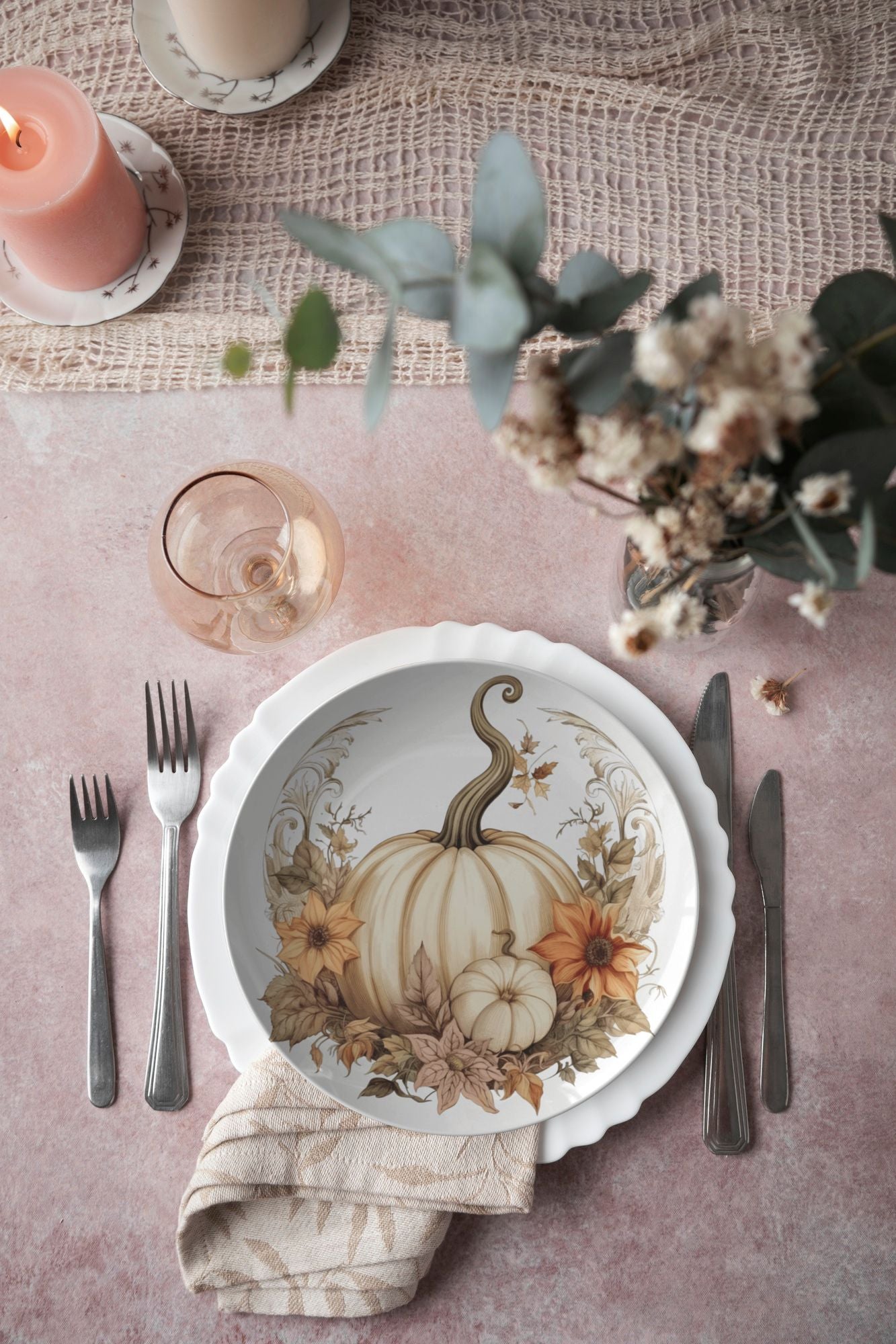 Thermosaf Polymer Plastic White Boho Pumpkin Plates Cottagecore Kitchen Decor