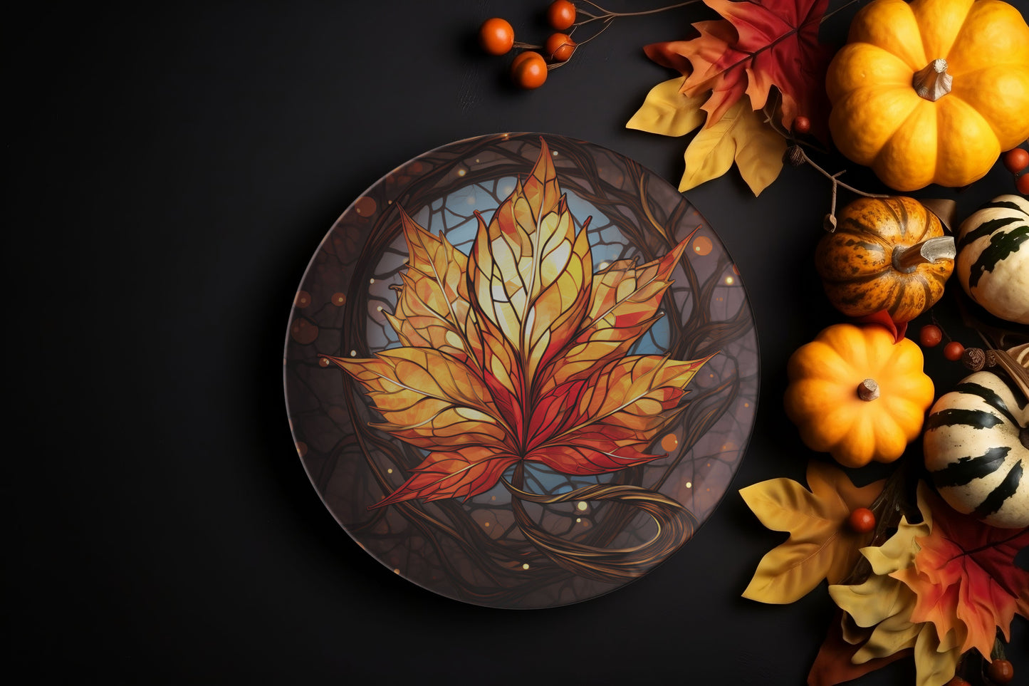 Orange and Gold Leaf Thermosaf Polymer Plastic Dinner Plates