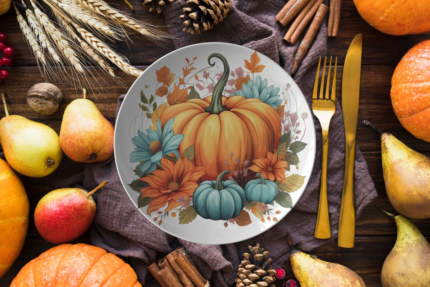 Thermosaf Polymer Plastic Orange and Blue Pumpkin Plates Floral Dinnerware