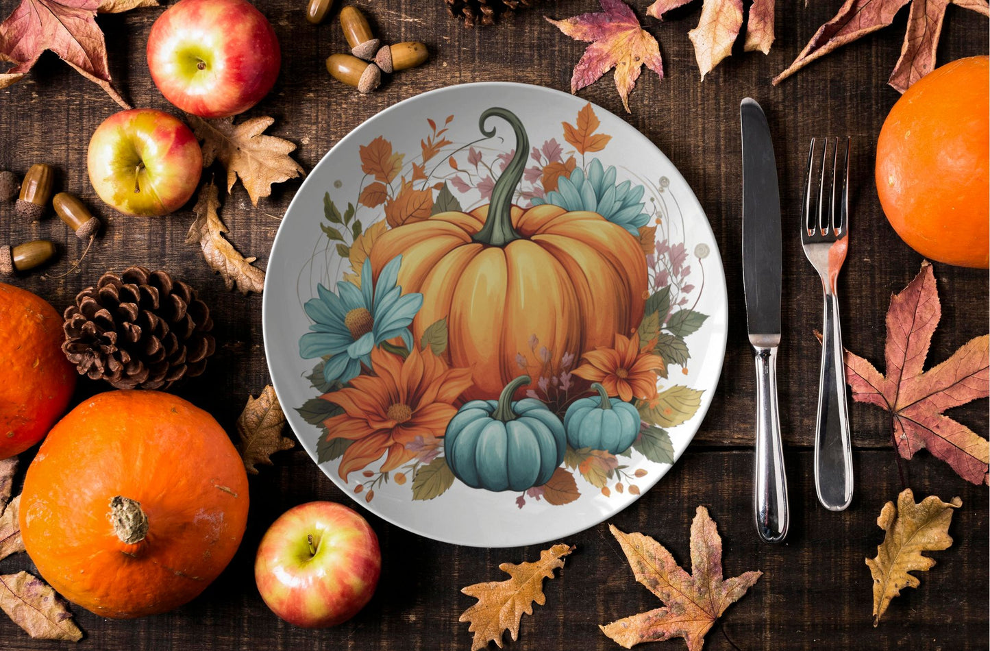 Thermosaf Polymer Plastic Orange and Blue Pumpkin Plates Floral Dinnerware