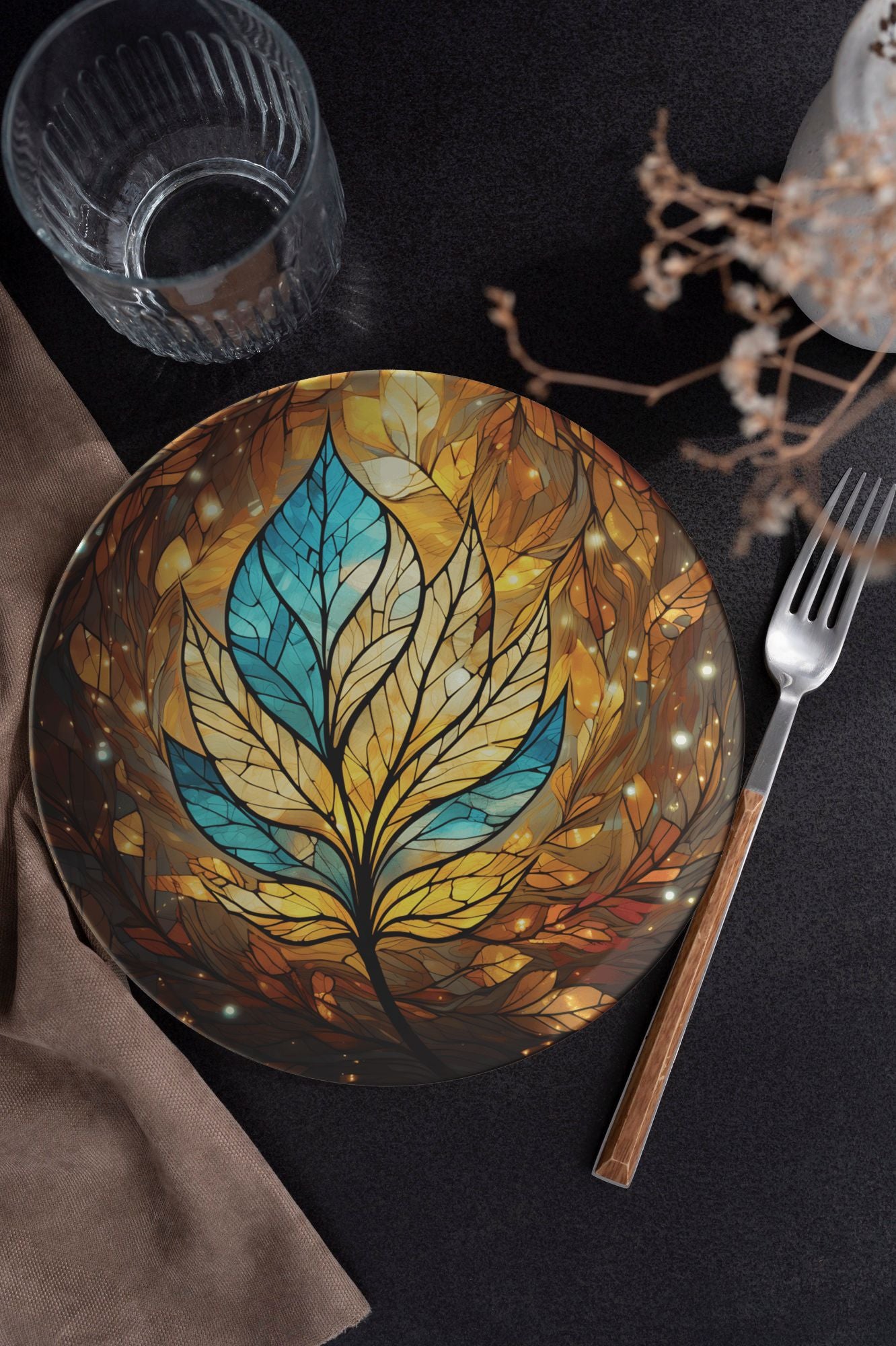 Blue and Gold Leaf Thermosaf Polymer Plastic Dinner Plate Blue Fall Decor