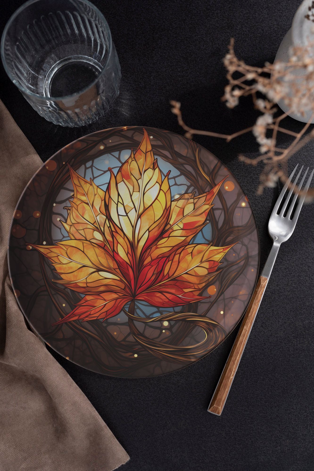 Orange and Gold Leaf Thermosaf Polymer Plastic Dinner Plates