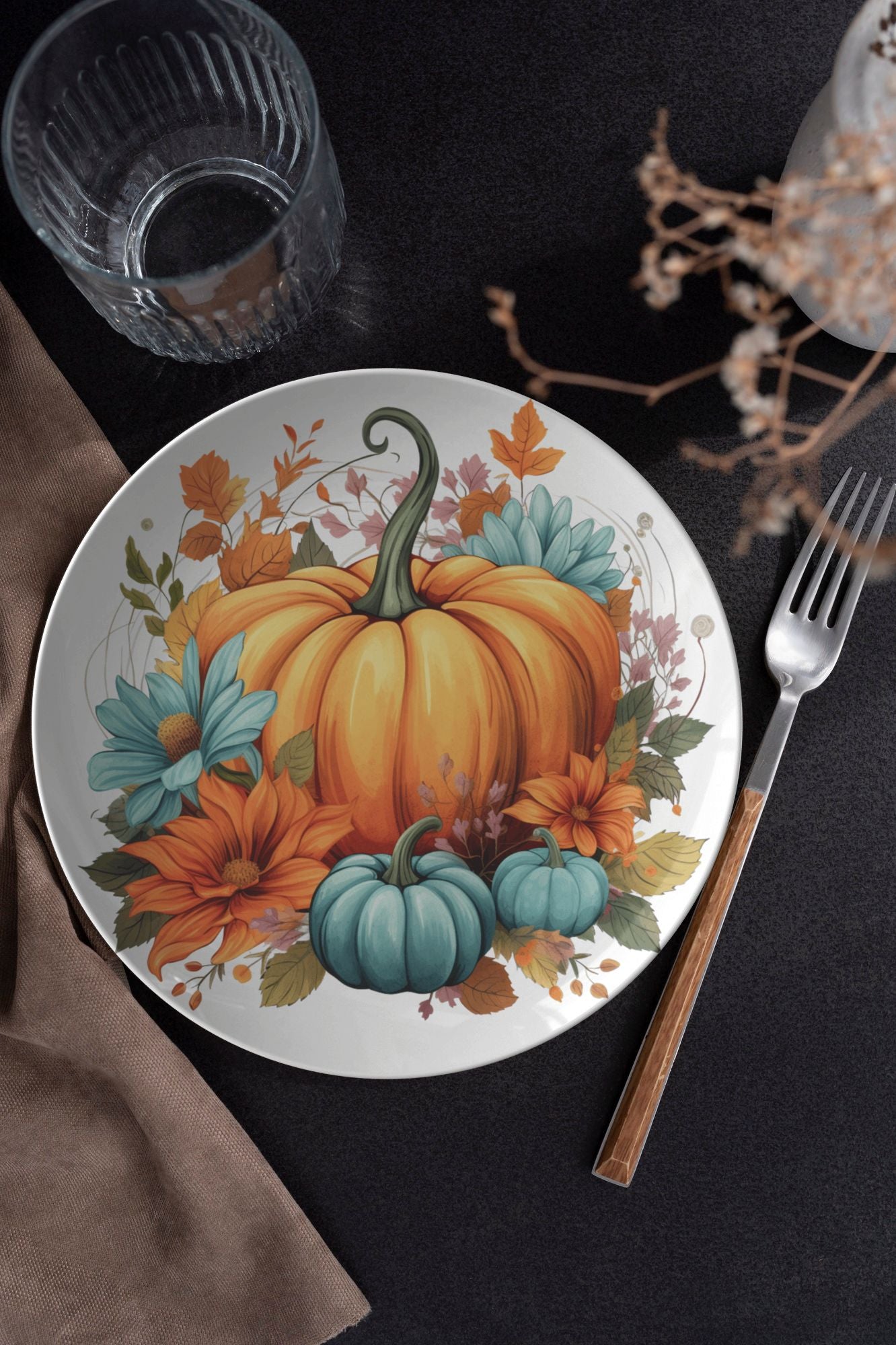 Thermosaf Polymer Plastic Orange and Blue Pumpkin Plates Floral Dinnerware