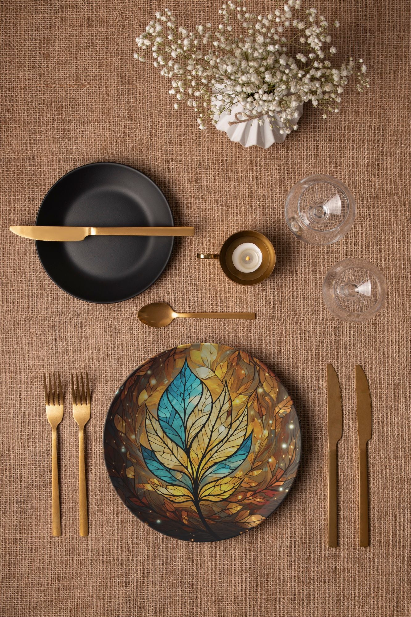 Blue and Gold Leaf Thermosaf Polymer Plastic Dinner Plate Blue Fall Decor