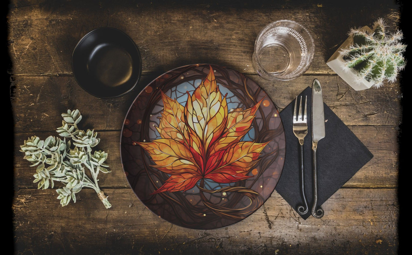 Orange and Gold Leaf Thermosaf Polymer Plastic Dinner Plates