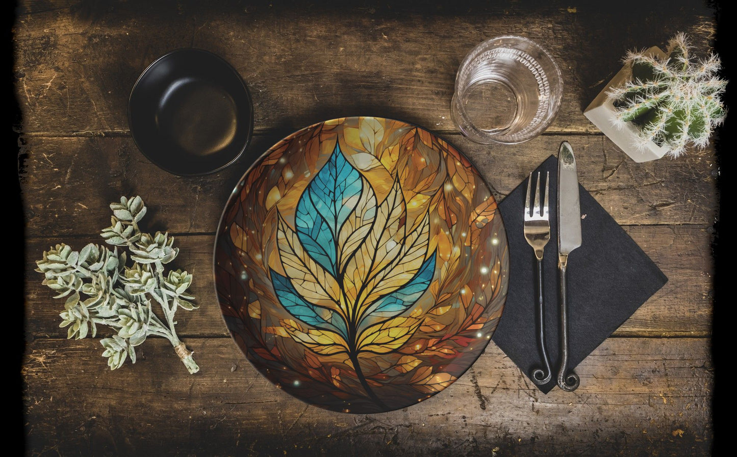 Blue and Gold Leaf Thermosaf Polymer Plastic Dinner Plate Blue Fall Decor