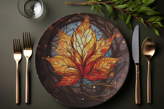 Orange and Gold Leaf Thermosaf Polymer Plastic Dinner Plates