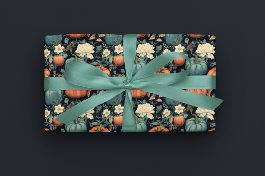Teal Pumpkin Gift Wrap Blue Floral Wrapping Paper Fall Wrapping Paper Roll 6 Foot Roll Gift Wrapping Paper Autumn Wrapping Paper