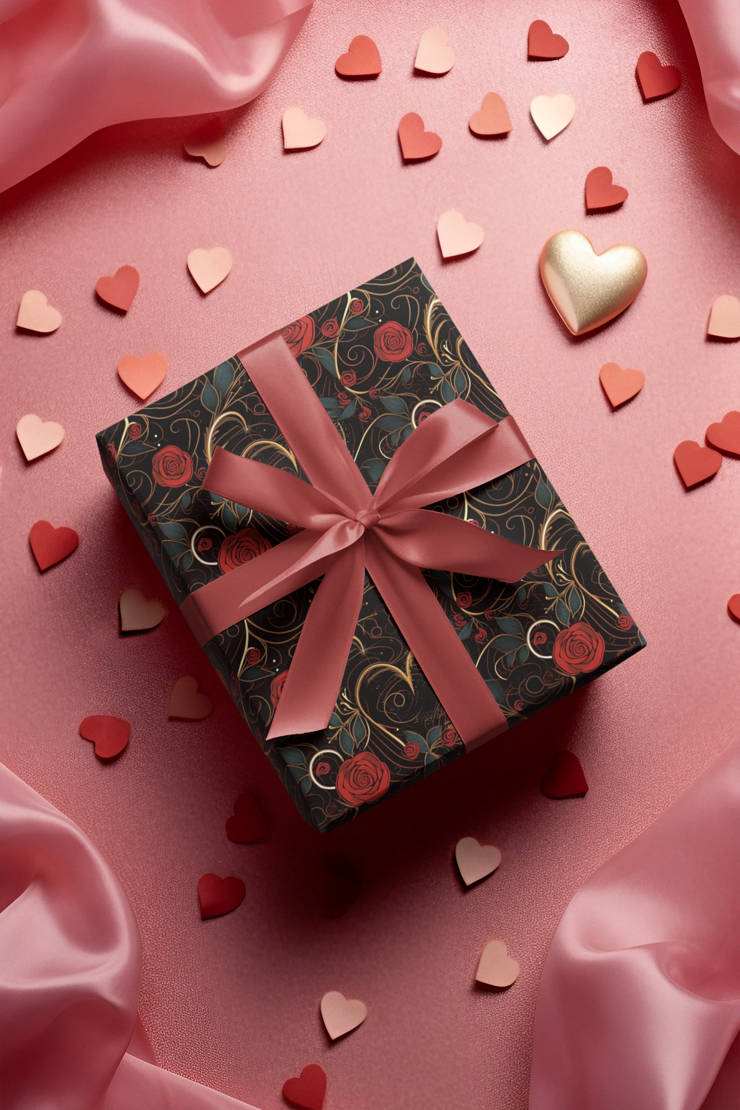 Gold Hearts And Roses Valentines Day Wrapping Paper