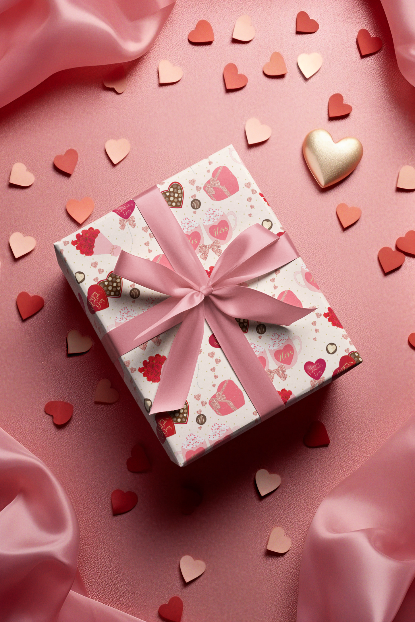 Gold Hearts And Roses Valentines Day Wrapping Paper