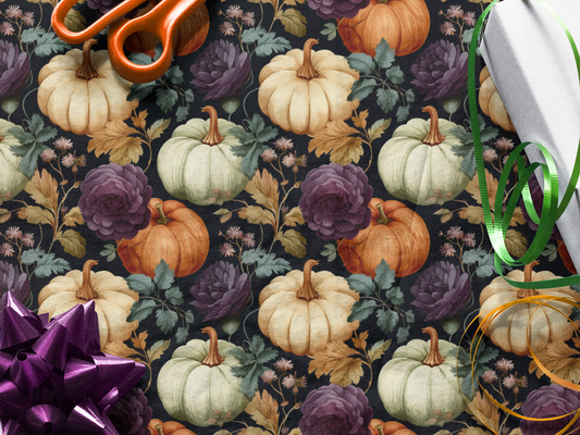 Fall Floral Wrapping Paper Roll Holiday Wrapping Paper Pumpkins and Purple Flowers Wrapping Paper 6 Foot Roll Gift Wrapping Paper Autumn Wrapping Paper