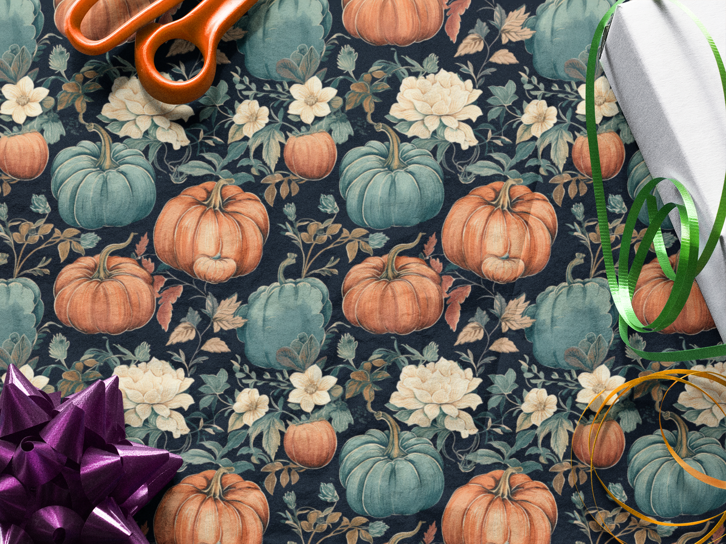 Teal Pumpkin Gift Wrap Blue Floral Wrapping Paper Fall Wrapping Paper Roll 6 Foot Roll Gift Wrapping Paper Autumn Wrapping Paper