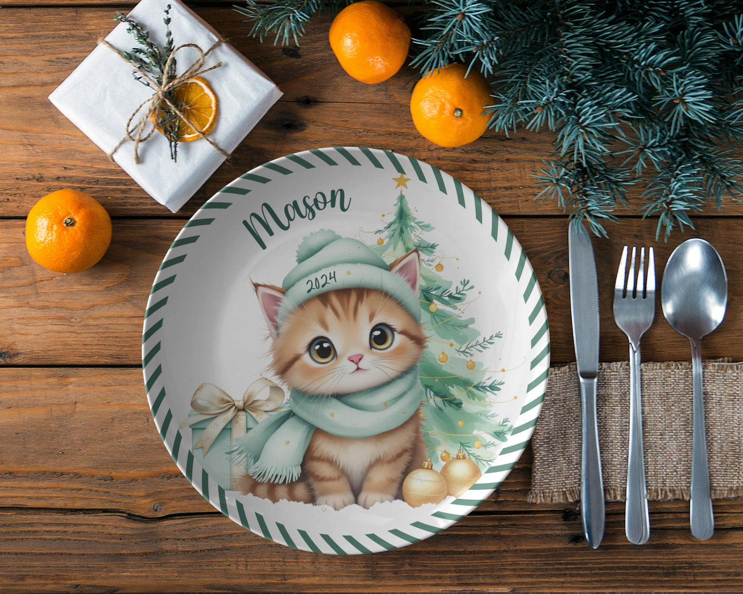 Personalized Cat Plate Babys First Christmas Plate