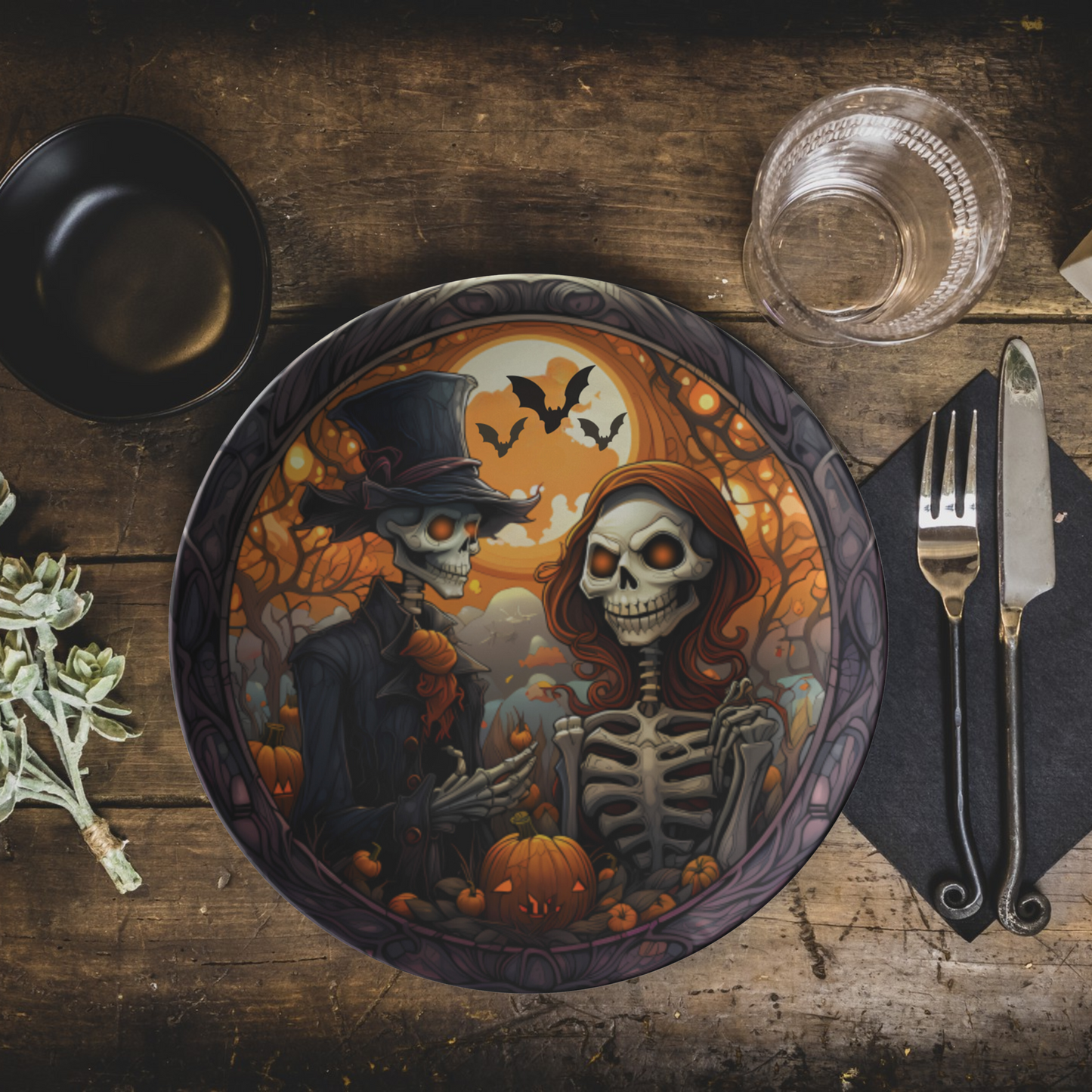 Spooky Skeleton Bride and Groom Thermosaf Polymer Plastic Halloween Wedding Plate