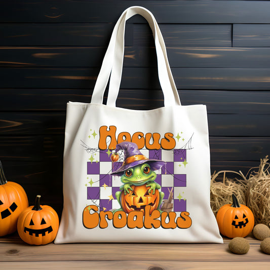 Halloween Canvas Tote Bag Trick or Treat Bag, Funny Fall Tote Bag Halloween Candy Bag Cute Frog Witch Hocus Croakus Halloween Tote Bag