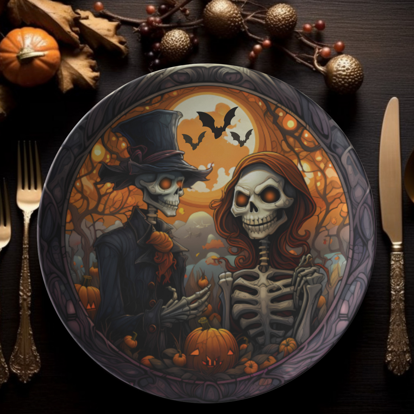 Spooky Skeleton Bride and Groom Thermosaf Polymer Plastic Halloween Wedding Plate