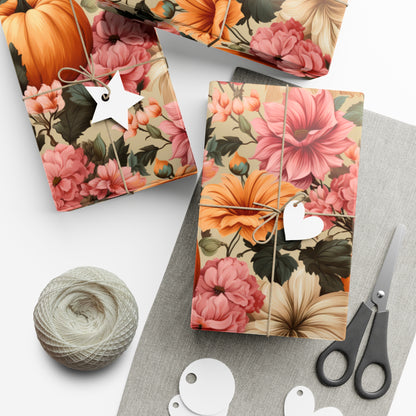 Fall Floral Wrapping Paper Roll Holiday Wrapping Paper Pumpkin Wrapping Paper 6 Foot Roll Gift Wrapping Paper Autumn Wrapping Paper