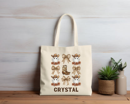 Personalized Halloween Cowboy Ghost Coquette Tote Bag