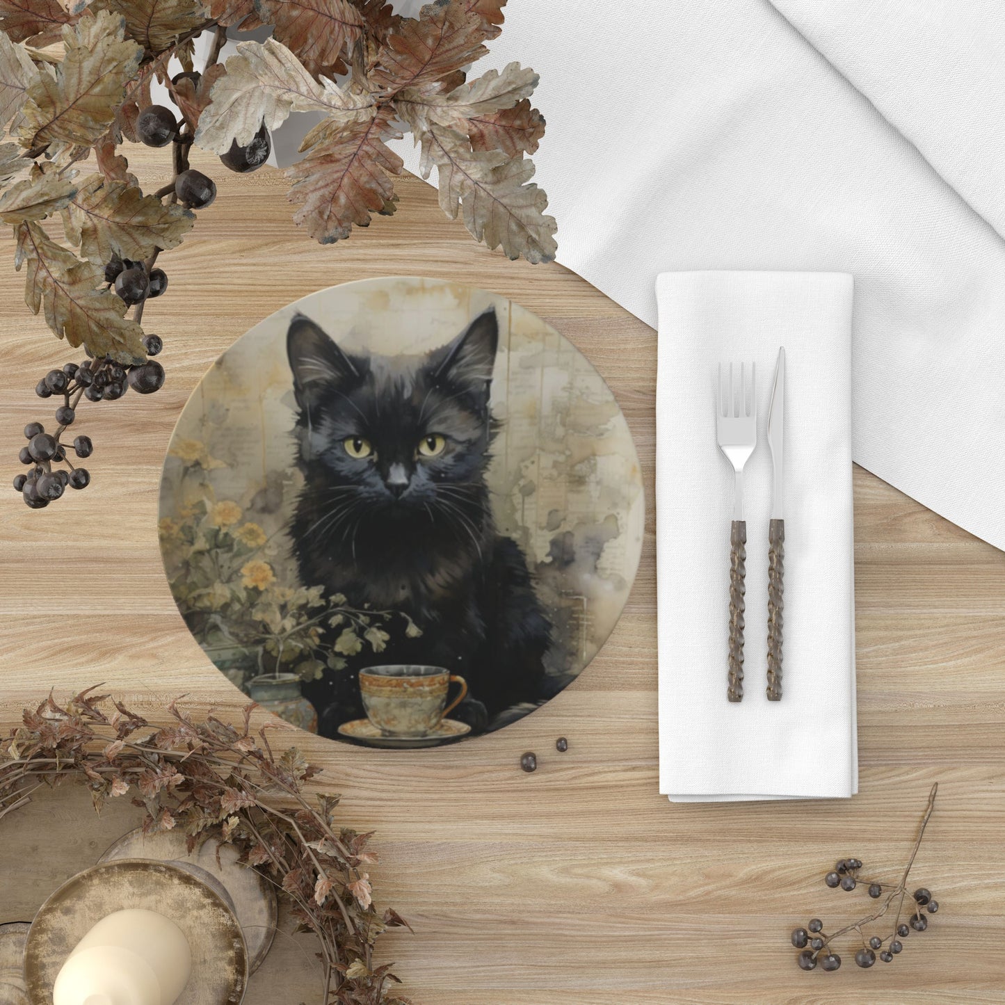 Black Cat Bone China Plate Fall Table Decor