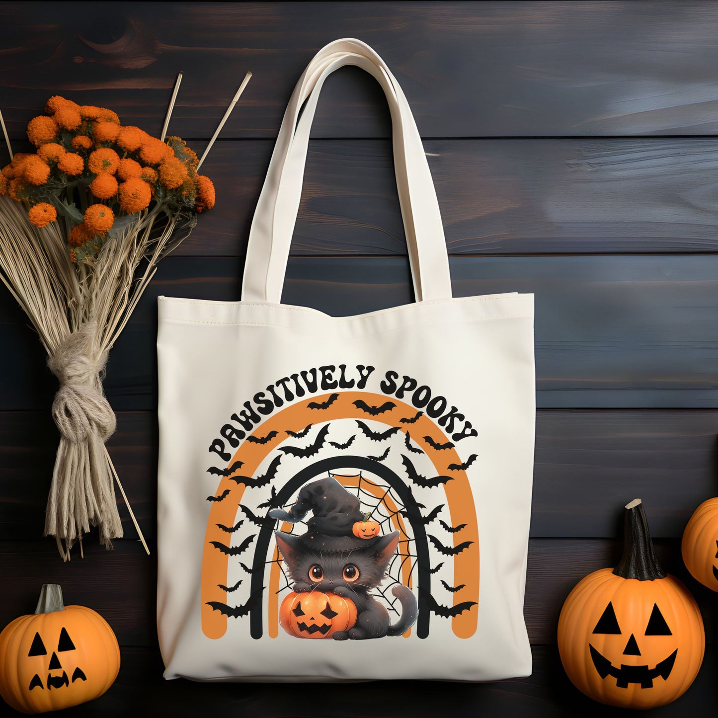 Halloween Cat Tote Bag, Funny Halloween Canvas Tote Bag Halloween Black Cat Pumpkin Tote Bag Trick or Treat Halloween Goodie Bag