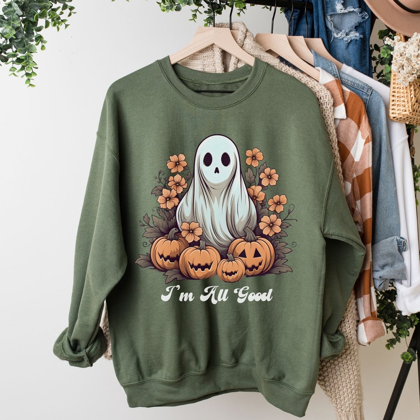 Retro Floral Ghost Sweatshirt, Retro Halloween Ghost Sweatshirt Groovy Ghost Shirt Floral Halloween Shirt Cute Ghost Spooky Season Shirt