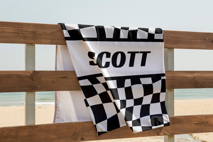 Personalized Checkered Flag Beach Towel Gift For Racer