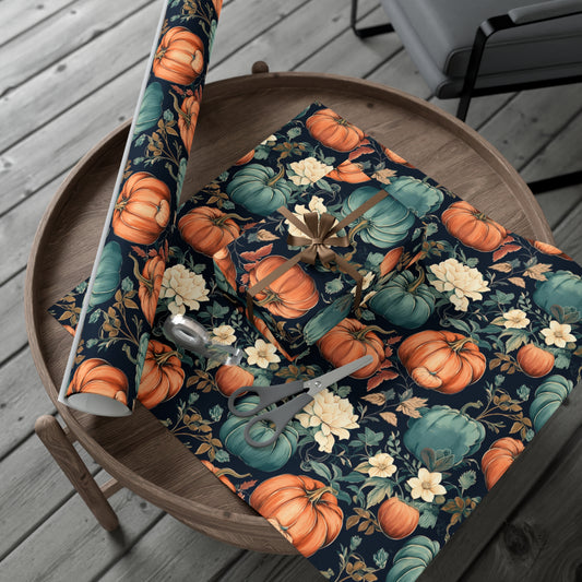 Teal Pumpkin Gift Wrap Blue Floral Wrapping Paper Fall Wrapping Paper Roll 6 Foot Roll Gift Wrapping Paper Autumn Wrapping Paper