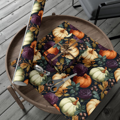 Fall Floral Wrapping Paper Roll Holiday Wrapping Paper Pumpkins and Purple Flowers Wrapping Paper 6 Foot Roll Gift Wrapping Paper Autumn Wrapping Paper