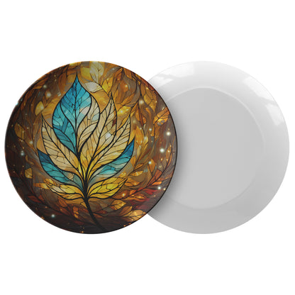 Blue and Gold Leaf Thermosaf Polymer Plastic Dinner Plate Blue Fall Decor