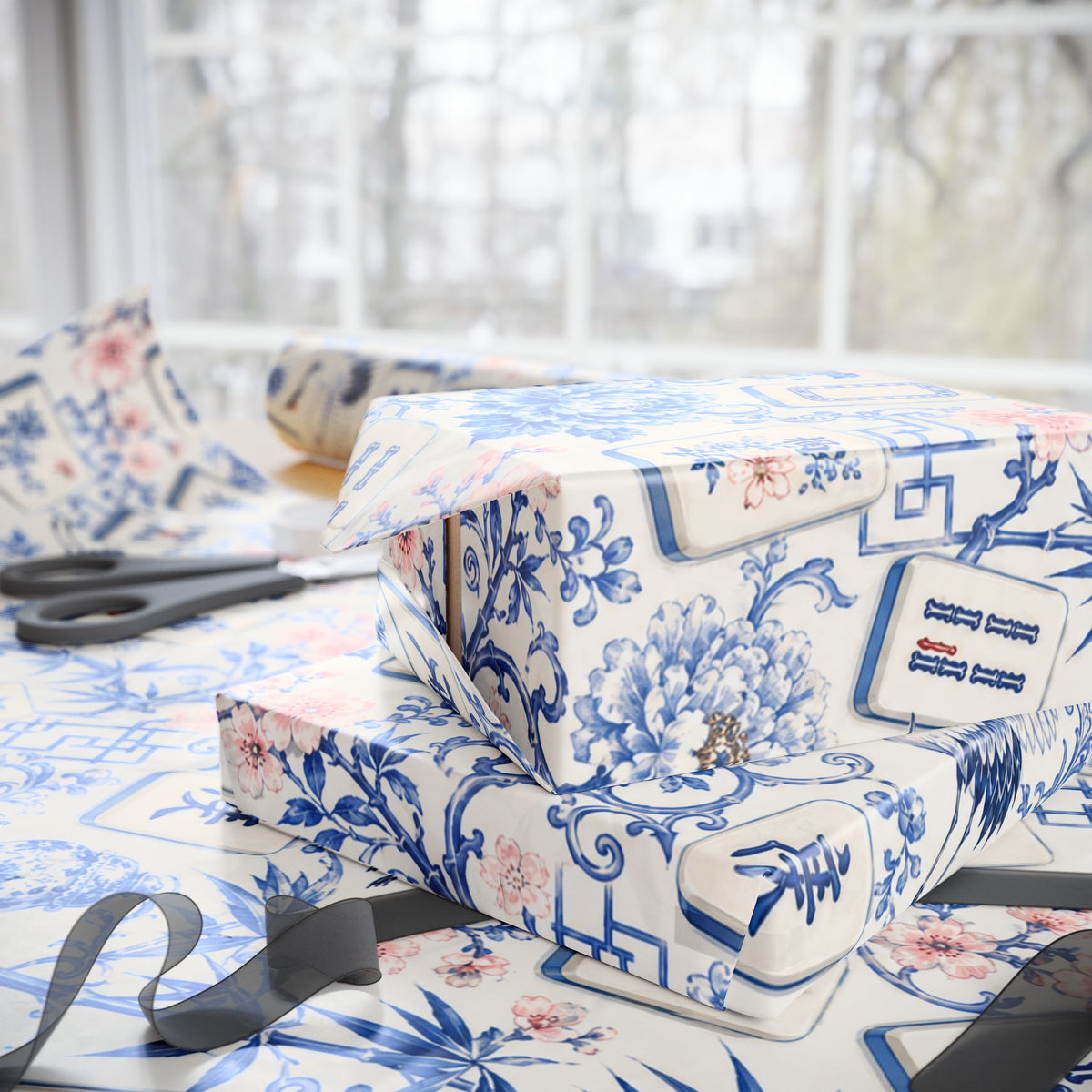 Blue Chinoiserie Mahjong Gift Wrap