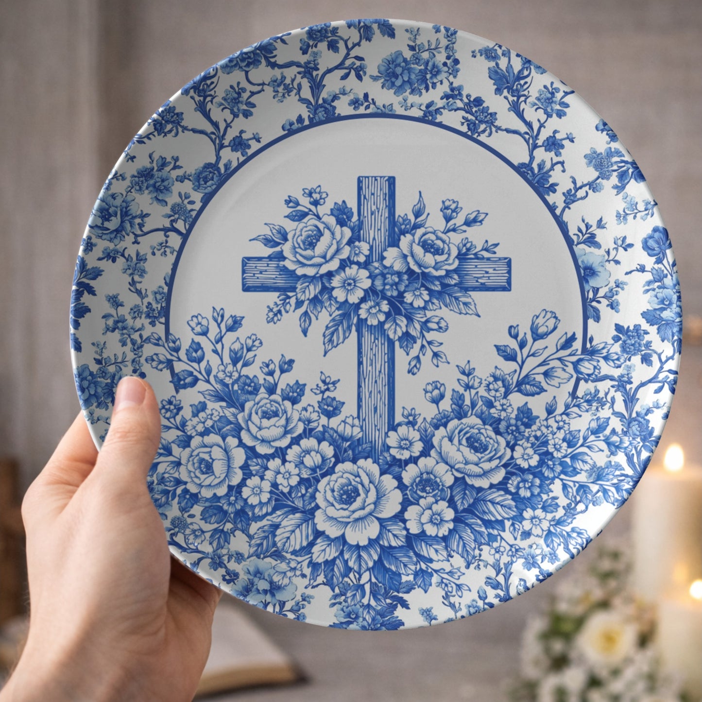 Blue Chinoiserie Floral Cross Plate