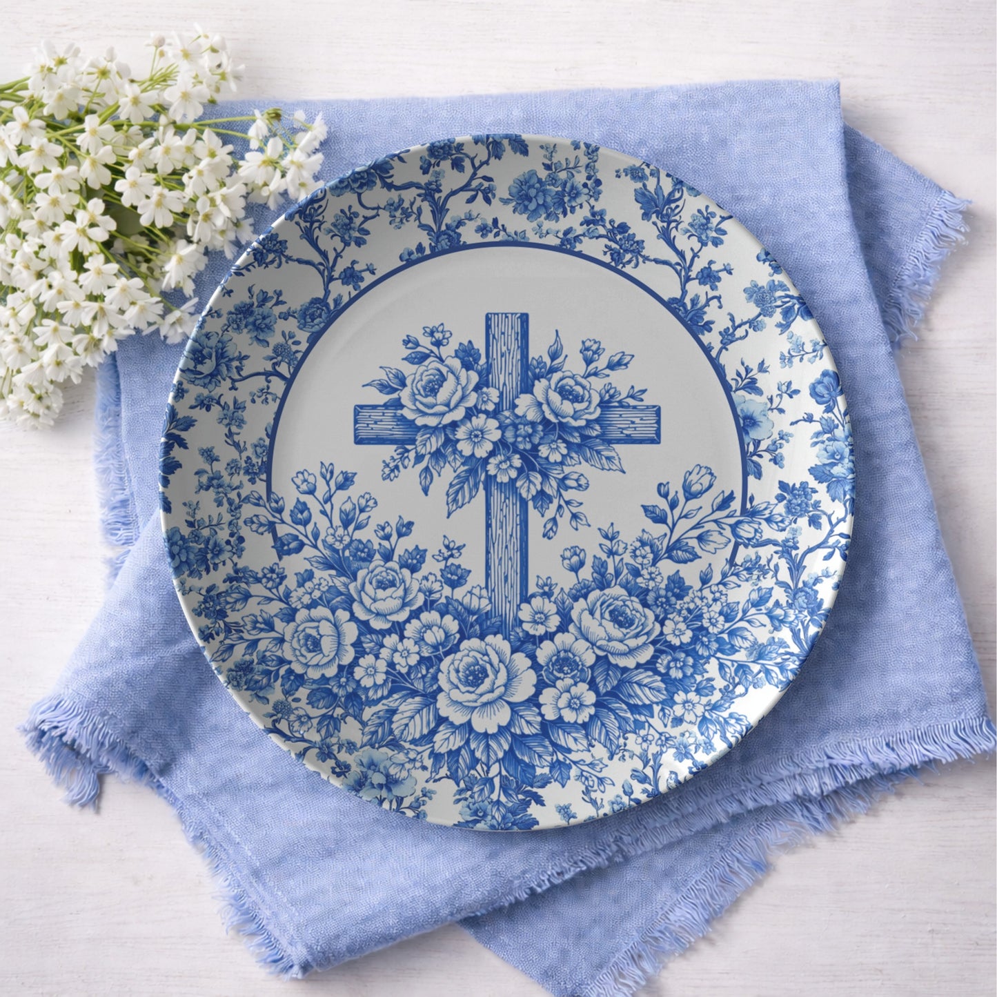 Blue Chinoiserie Floral Cross Plate