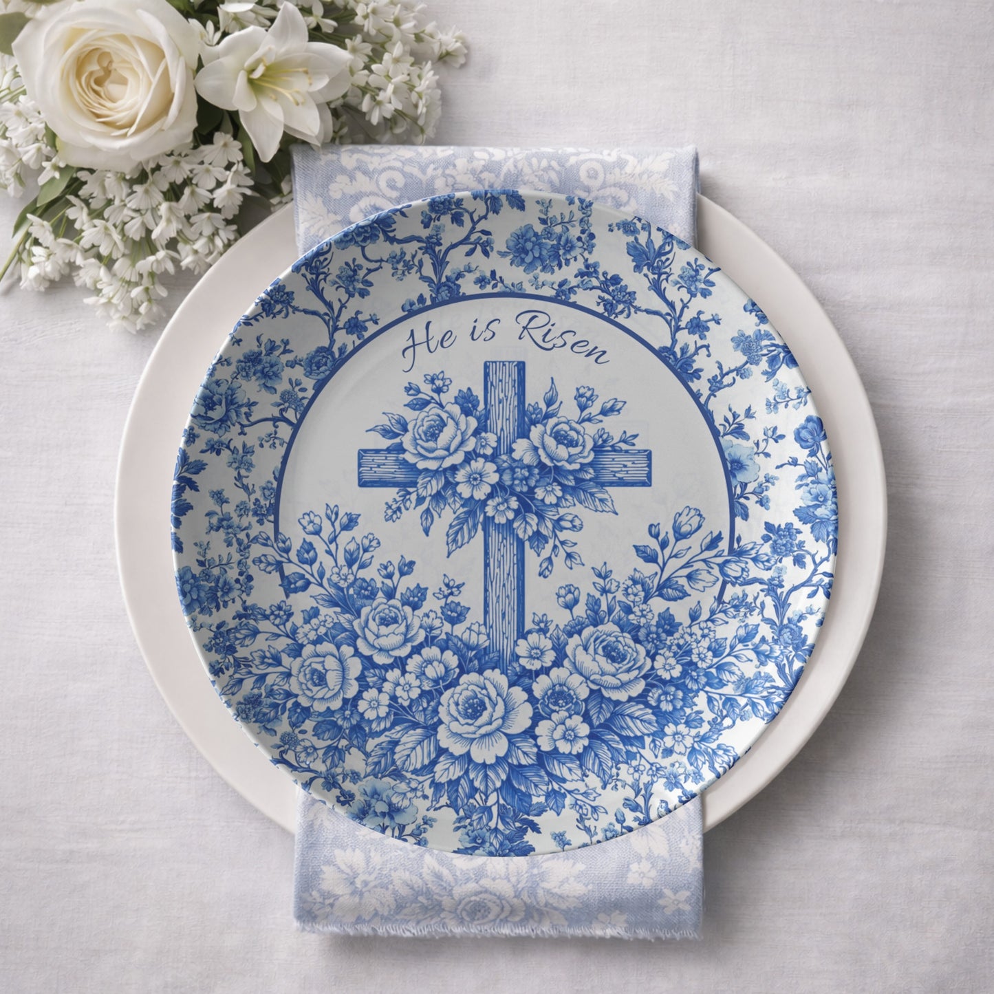 Blue Chinoiserie Floral Cross Plate