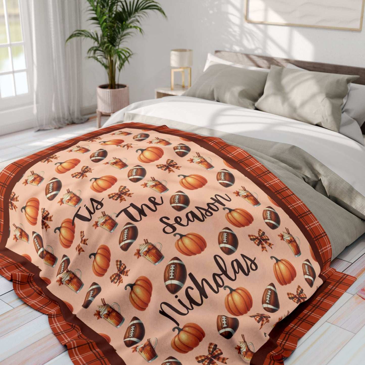 Personalized Tis The Season Fall Plaid Football Blanket