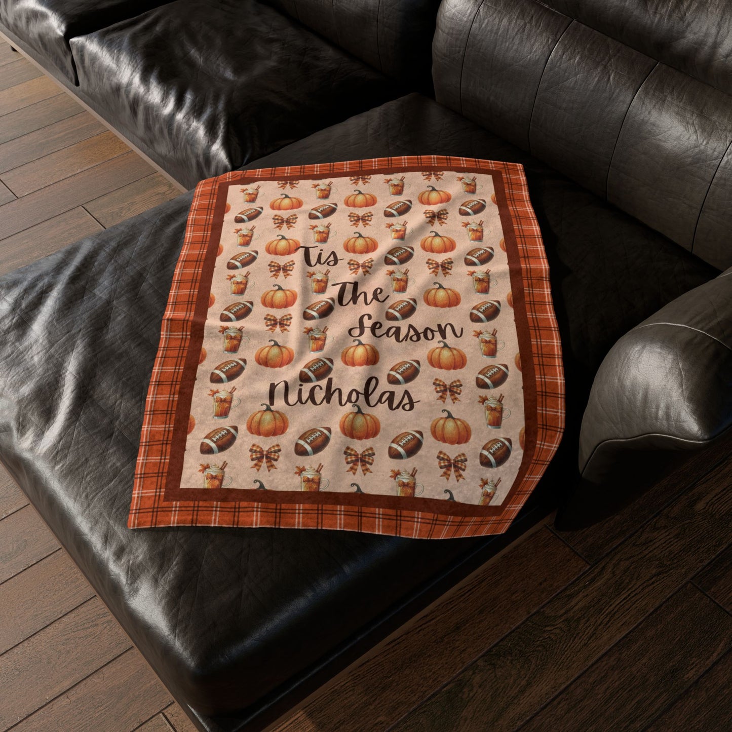 Personalized Tis The Season Fall Plaid Football Blanket