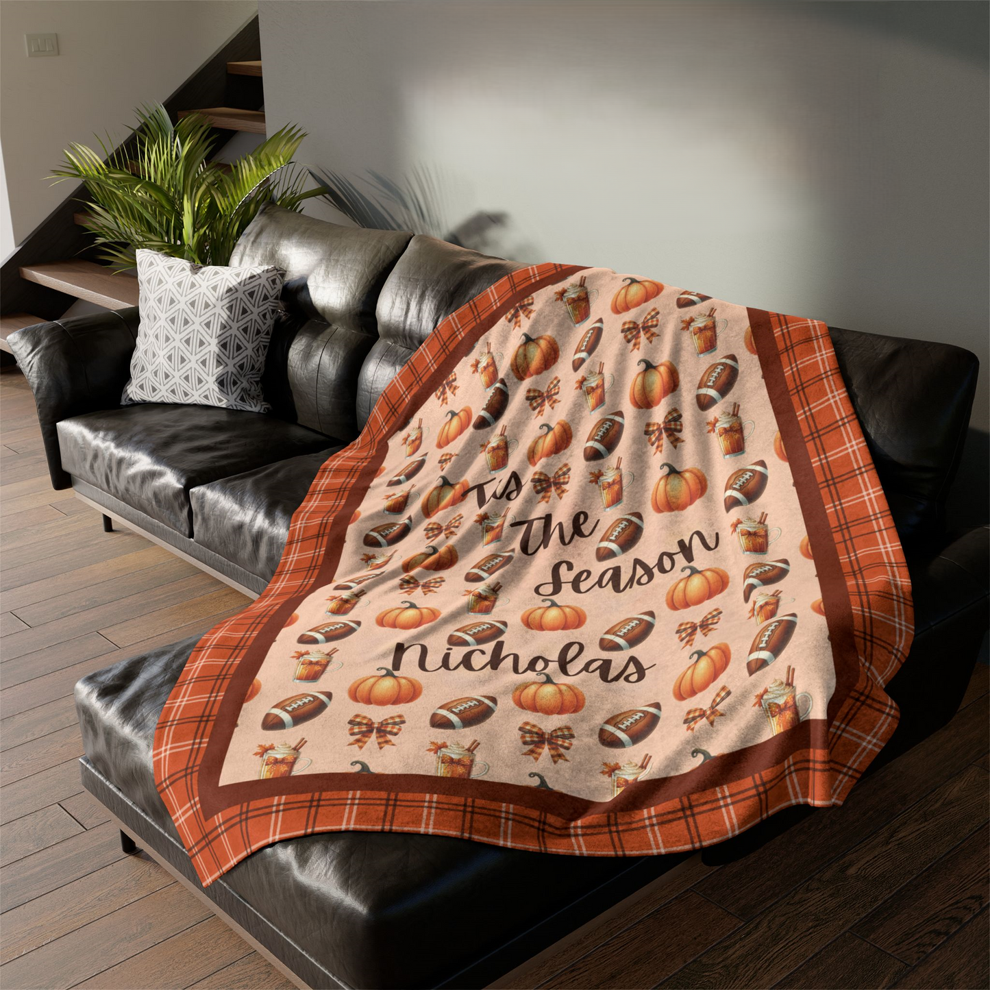 Personalized Tis The Season Fall Plaid Football Blanket