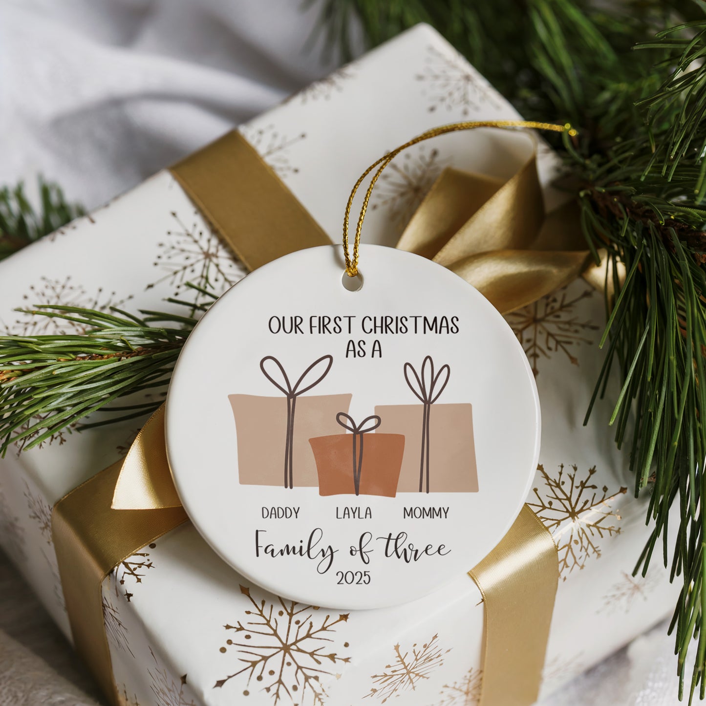 Personalized Family of Three First Christmas Ornament