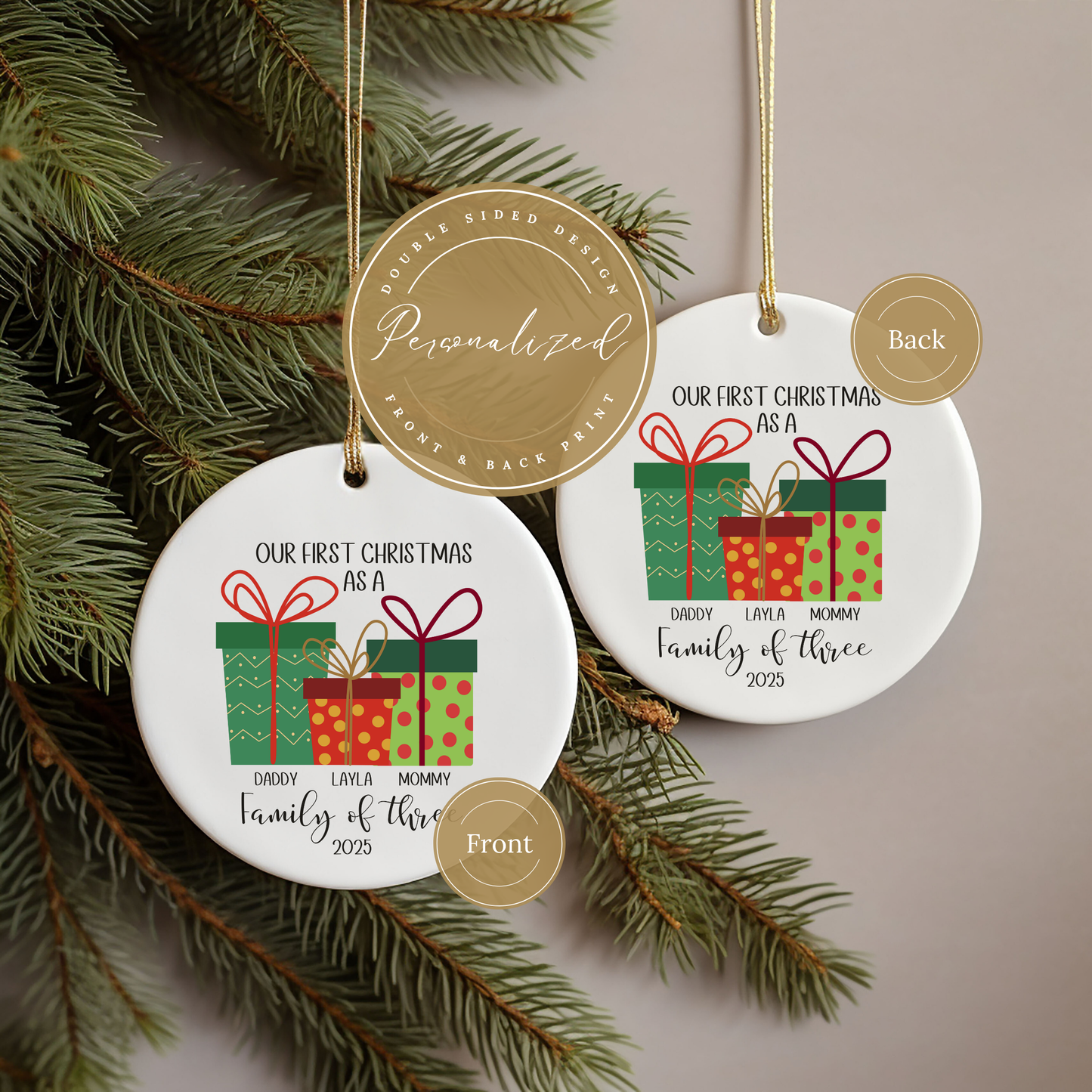 First Christmas as a Family of Three Personalized Ornament