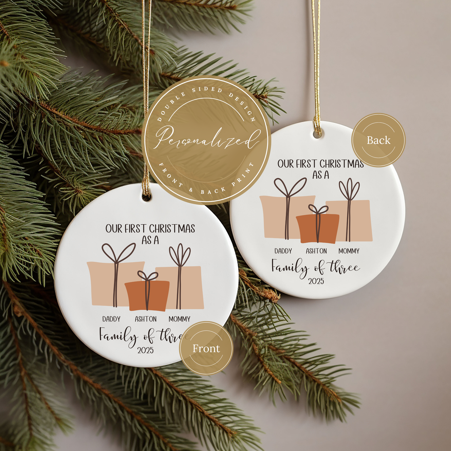 Personalized Family of Three First Christmas Ornament