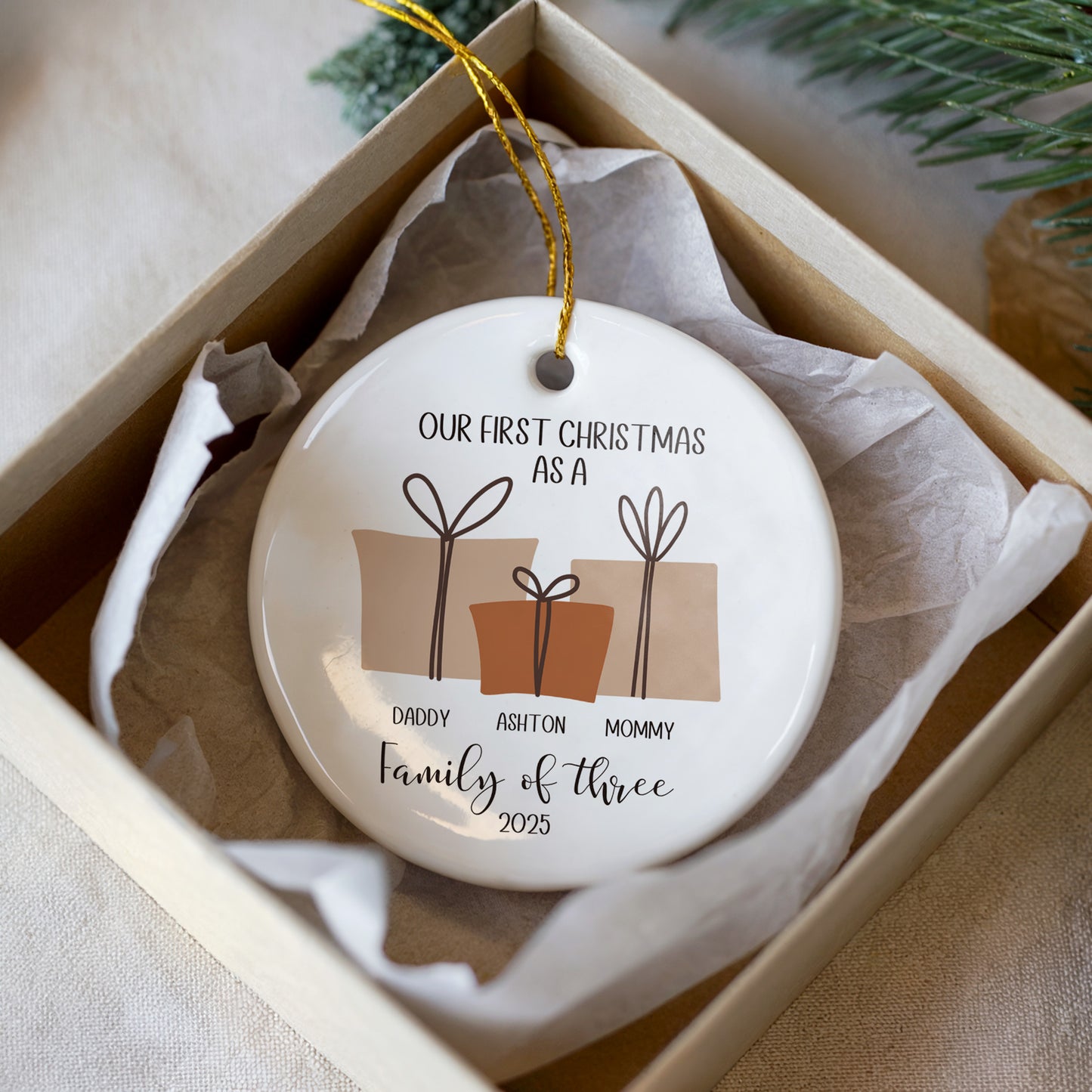 Personalized Family of Three First Christmas Ornament