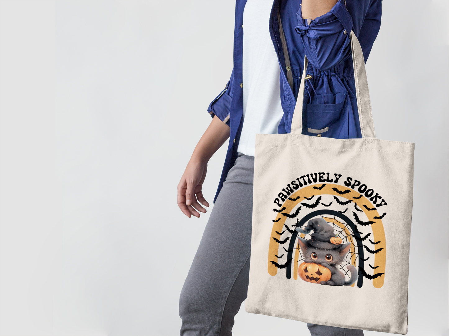 Halloween Cat Tote Bag, Funny Halloween Canvas Tote Bag Halloween Black Cat Pumpkin Tote Bag Trick or Treat Halloween Goodie Bag