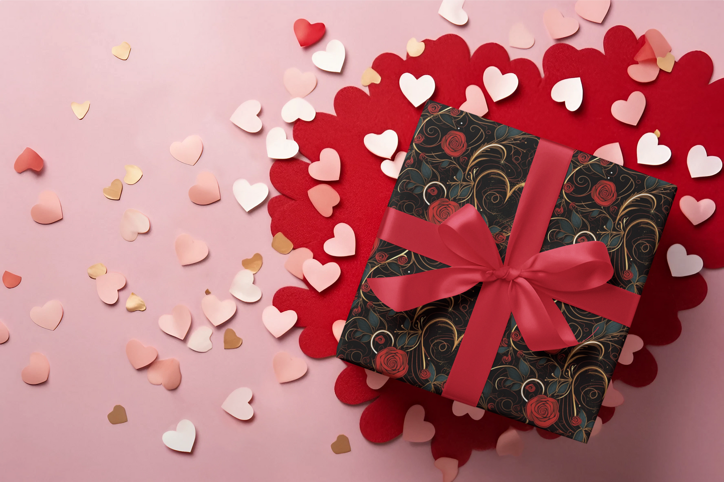 Gold Hearts And Roses Valentines Day Wrapping Paper