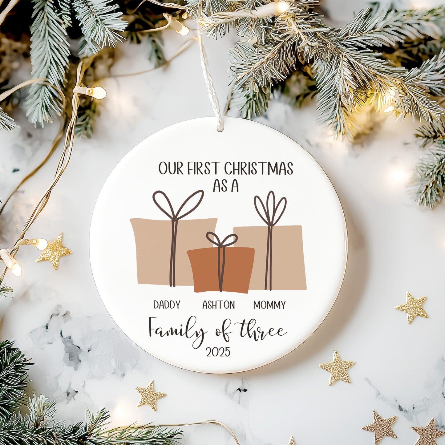 Personalized Family of Three First Christmas Ornament