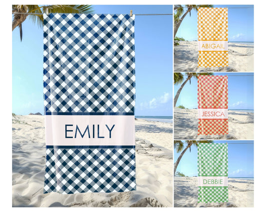 Personalized Gingham Pattern Beach Towel