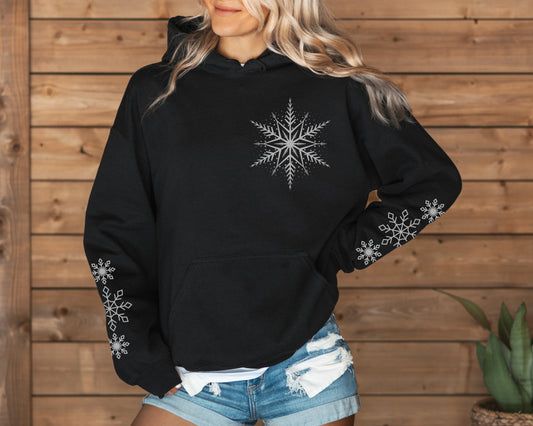 Snowflake Sleeve Print Hoodie, Trendy Black Hoodie Minimalist Holiday Shirt Midweight Fleece Adult Hoodie Gildan Hooded Sweatshirt For Women