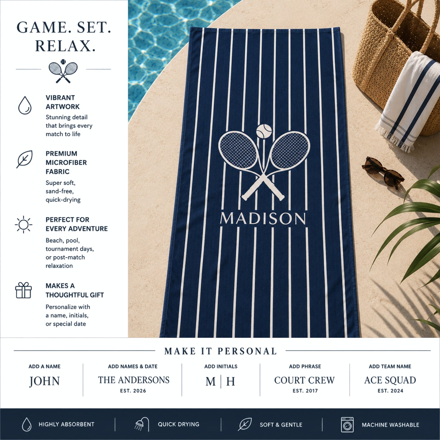 Personalized Pinstripe Tennis Beach Towel