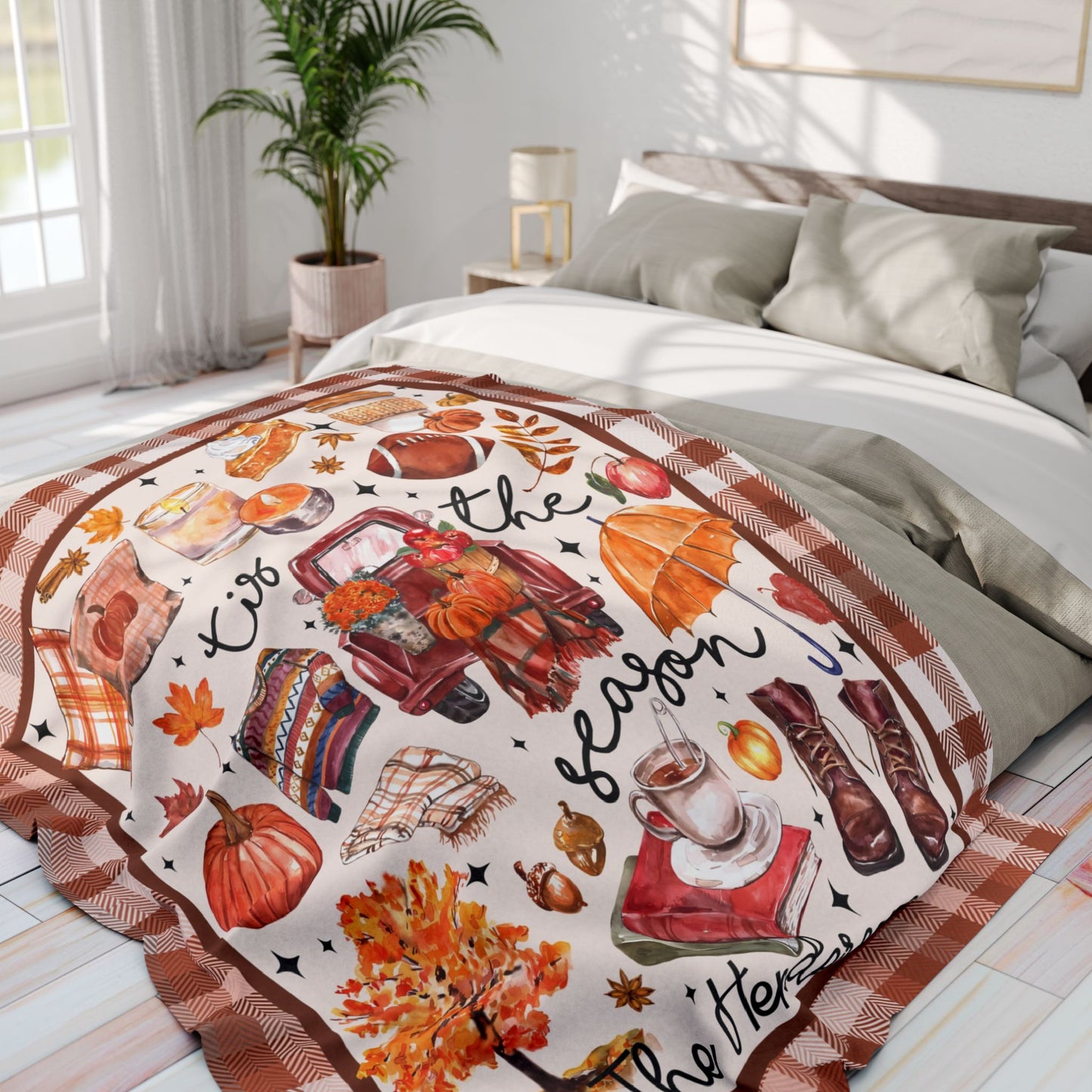 Personalized Tis The Season Fall Plaid Blanket Autumn Home Decor