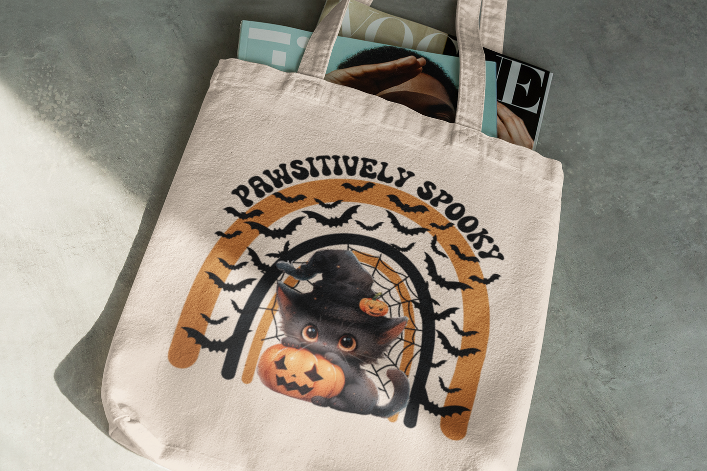 Halloween Cat Tote Bag, Funny Halloween Canvas Tote Bag Halloween Black Cat Pumpkin Tote Bag Trick or Treat Halloween Goodie Bag